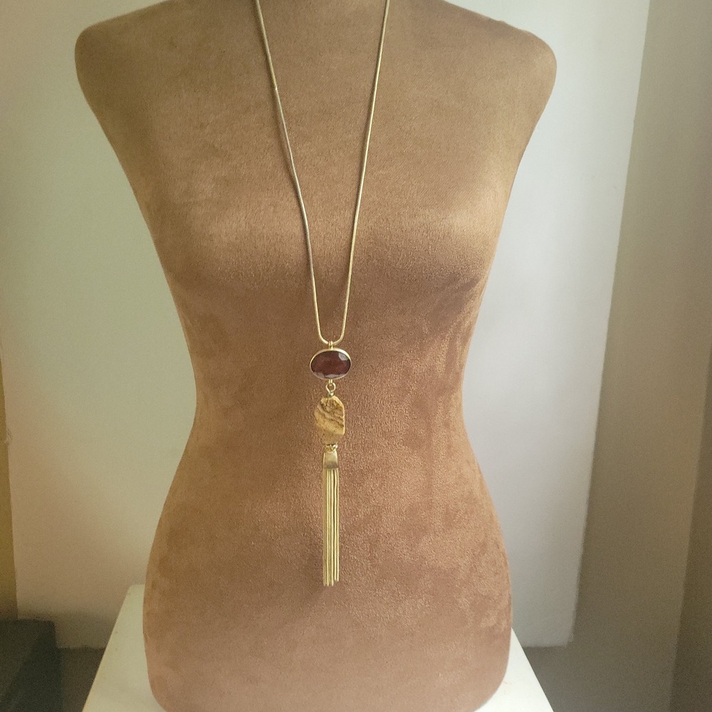 Chicos Gold Tone Long Tassel Pendant Necklace Red Stone One Size Goblincore